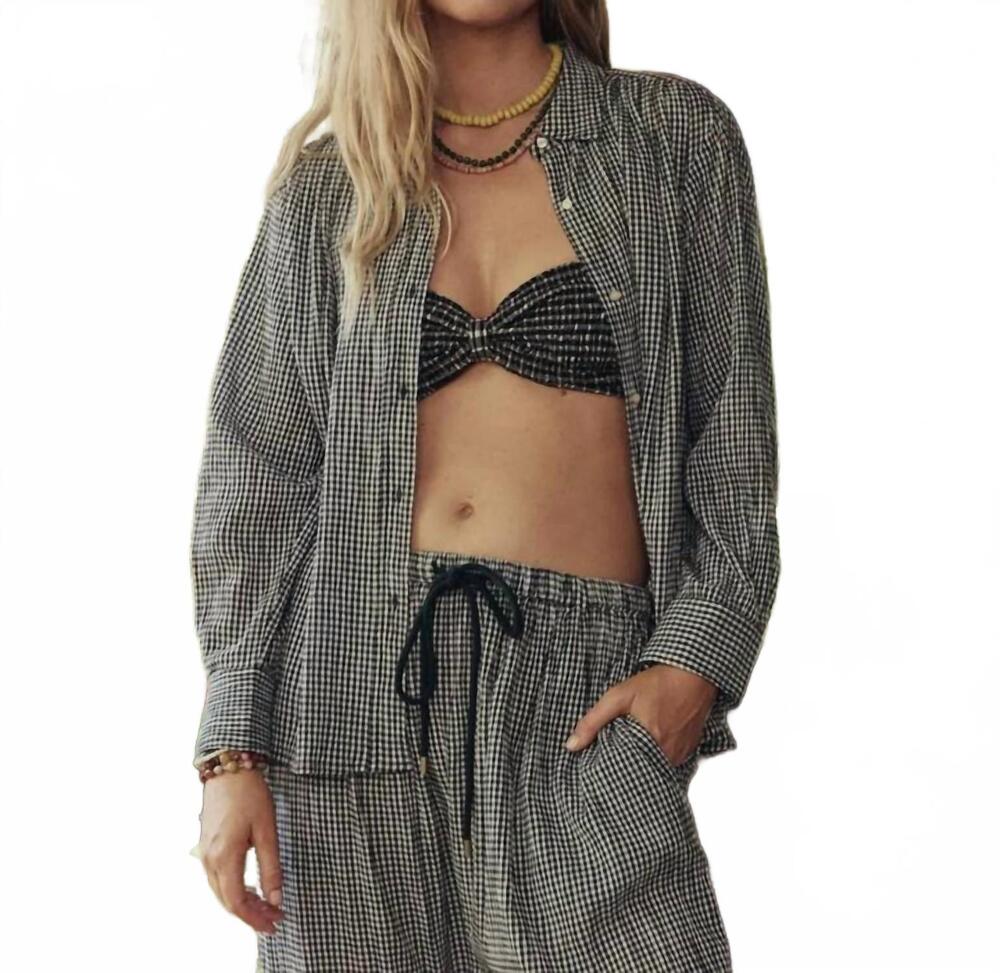 NEW THE GREAT. cove long sleeve button down shirt in black and cream check
